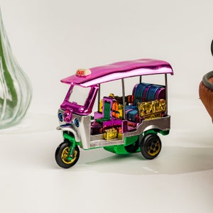 Purple Authentic Handmade Thailand Miniature Wind-Up Tuk-Tuk Toy: Vintage Thai Souvenir,Motorcycle Model,Collectible Souvenir with Gift Box