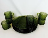 VTG MCM Green Anchor Hocking Soreno 12 pc Tea Luncheon Snack Sets -Plates Cups