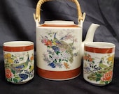 Vintage Tea Set Satsuma Raku Craze Peacock Floral w Gold Accents 1979