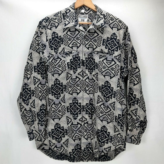 1980s Riccardo Bini Southwestern Aztec Pattern LS… - image 1