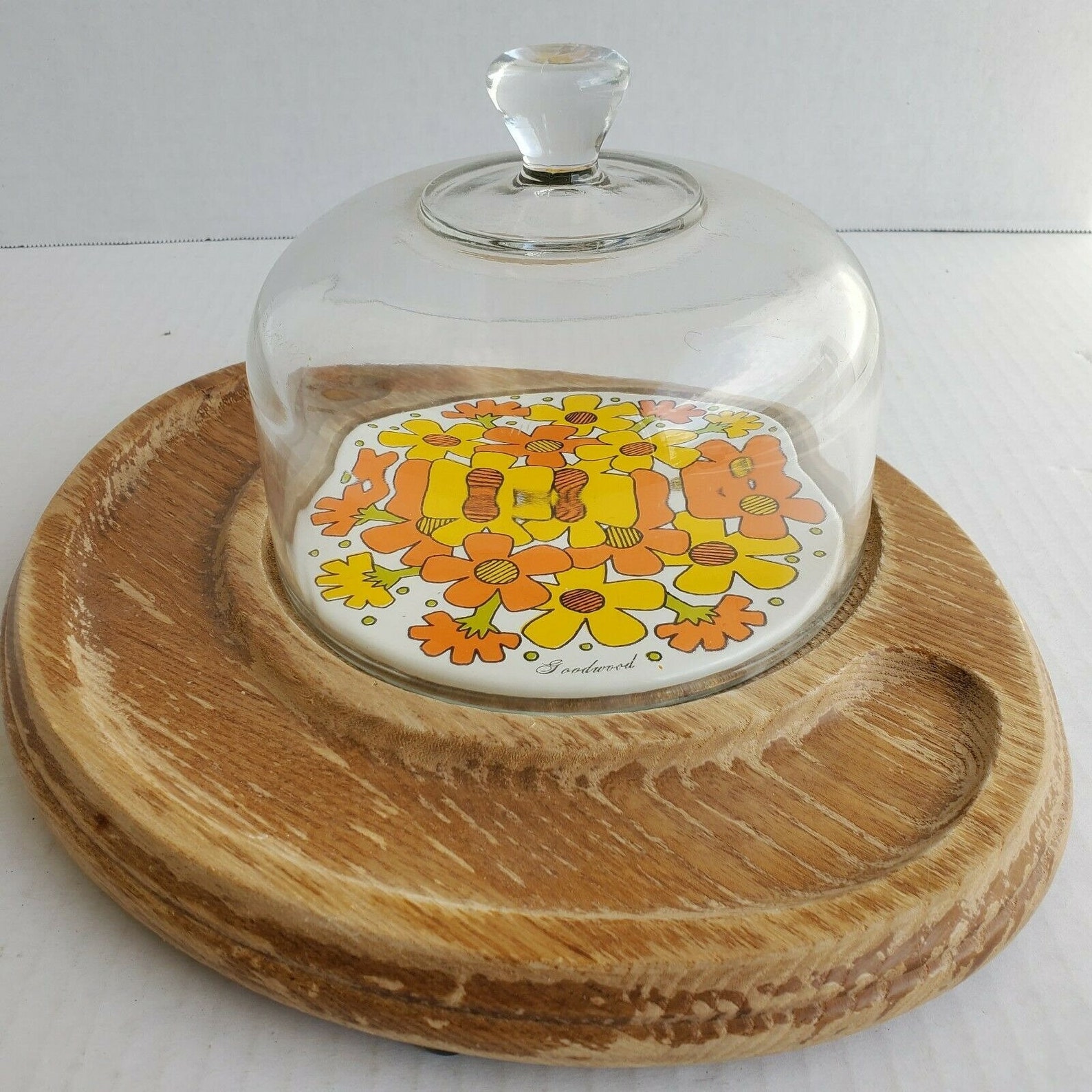 Vintage MCM Retro Flower Wood Cheese & Cracker Tray Glass Dome Etsy