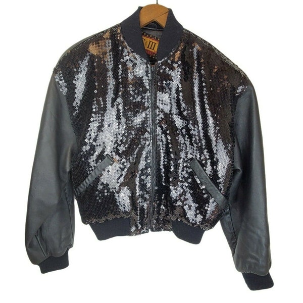 Vintage 90's Sequin & Black Leather Moto Biker Jacket by G-III Women's Medium