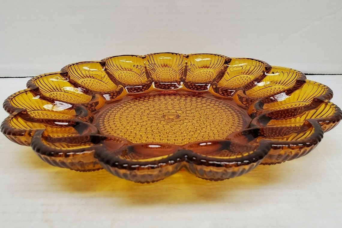 Vintage Hobnail Amber Glass Deviled Eggs Serving Platter 11D Etsy