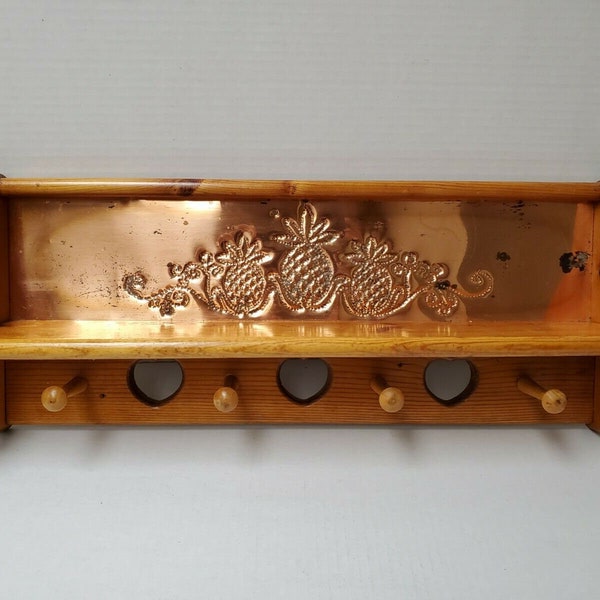Vintage Wooden Wall Shelf with Hangers Punched Pineapple Design in Copper