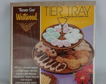 Vintage Thermo-Serv Westwood Two Tier  Serving Tray Retro Plastic Faux Wood Desserts Appetizers