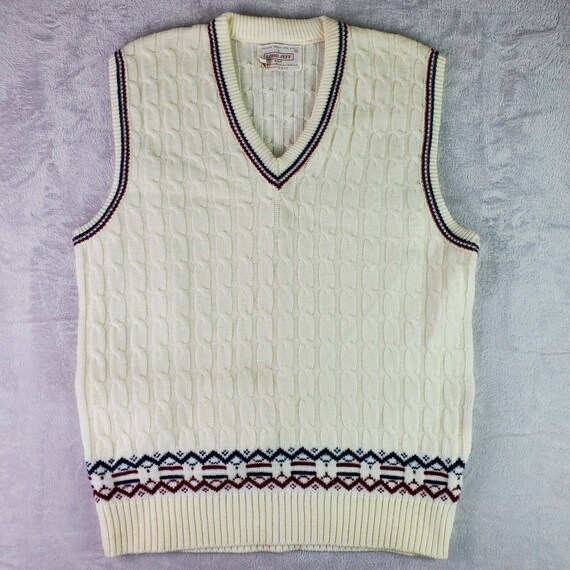 RetrogradeMn Vintage 1970s Lord Jeff White Navy Acrylic Cable Knit Tennis Sweater Vest Men M