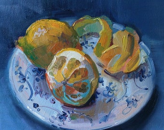 Lemon still life original oil painting canvas picture for kitchen or dining room artwork unique