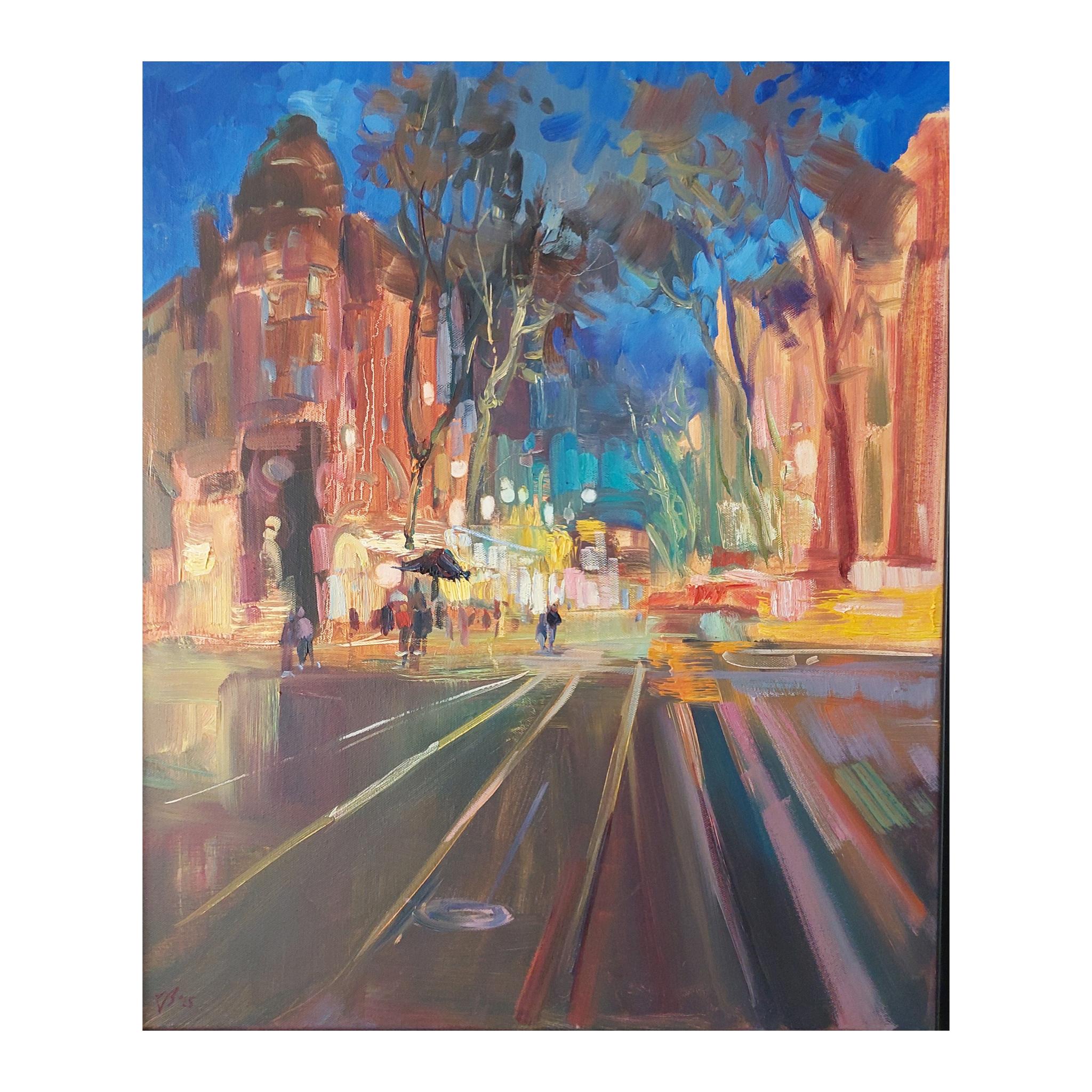 夕暮れの街並み、オリジナル絵画、都市の街並み、油絵、現代絵画、夜景
