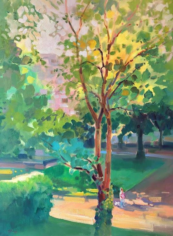 オリジナル絵画「公園の夏」 具象画 印象派の芸術作品 都市景観 緑の
