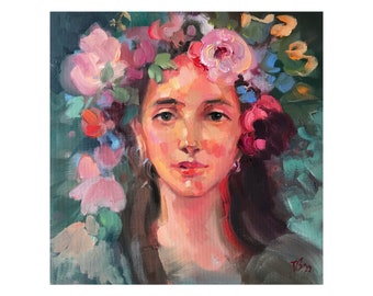 Woman with floral wreath abstract girl flower portrait original painting nymph roses lady image