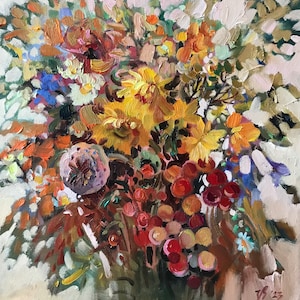 Bouquet of flowers summer field flowers original painting on canvas artwork unique oil painting summer warm colors