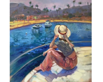 Woman in Straw Hat on the Boat Seascape Original Painting Impressionist Painting Summer Holiday by the Sea Romance Picture