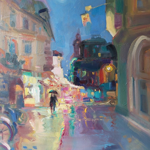 City landscape in evening light Original painting Regenin, city, lantern light Wall decor Oil painting Unique work of art Impressionist painting