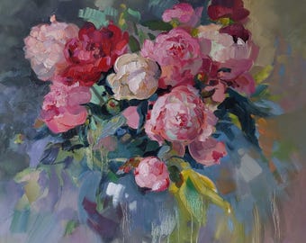 Pfingstosen Blumenbild Original Gemälde Stillleben mit Rosenstrauß Ölbild Kunstwerk impressionistische Malerei