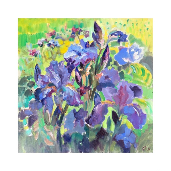 Blaue Schwertlilie Original Gemälde Blumen Natur Malerei Wand-Dekor Ölbild