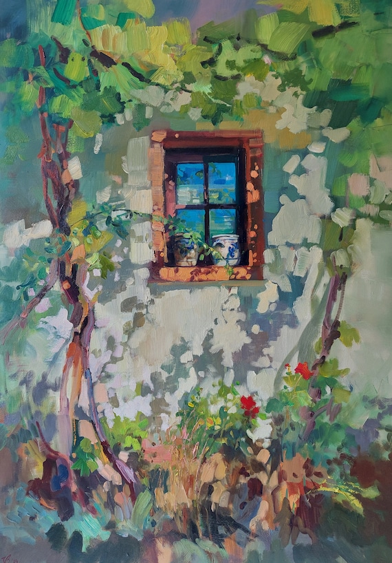 Fenster Original Gemälde Impressionistische realistische Ölmalerei Kunstwerk von Katharina Valeeva Weinblätter gemütlicher Hof Nostalgia