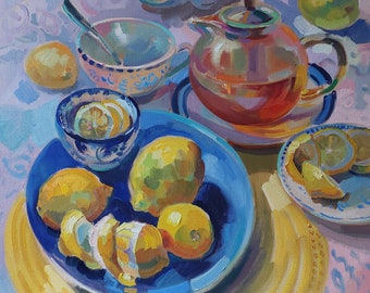 Still Life with Lemons Original Painting Oil Painting Wall Decor for Dining Room Blue Tableware Picture on Canvas