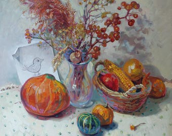 Still life with meadow flowers and pumpkin in autumn Original painting on canvas Artwork Unique oil painting warm colors