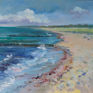 Beach seascape coast original painting impressionist painting oil painting artwork by Valeeva Baltic Sea with sandy beach sea waves