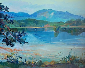 Lakescape, original painting, impressionist style, oil painting, artwork, Staffelsee shore, oil painting, morning light, nature, landscape, mountains