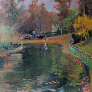 Landscape with lake original painting rainy Baden-Baden park oil painting autumn nature