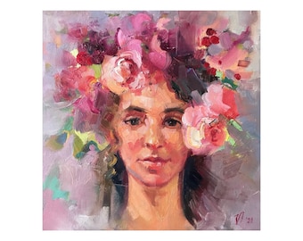 Woman with Wreath of Flowers Abstract Portrait Original Painting Girl Nymph with Roses Lady Nature Oil Painting Flower Decor