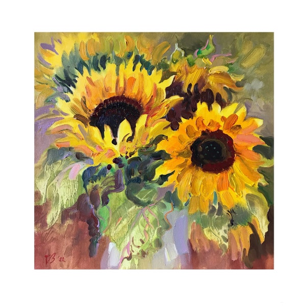 Sonnenblumen Original Gemälde Blumenbild Sommer Ölbild Wand-Dekor sonnig warm Stillleben impressionistische Malerei Kunstwerk