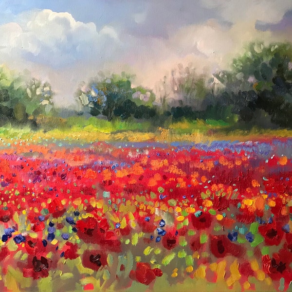 Coquelicots prairie paysage été champ de fleurs Provence peinture originale peinture à l’huile pour salon décoration murale peinture sur commande