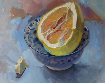 Still life with pomelo painting original oil painting, decor for kitchen, dining room, realistic painting, tropical fruit