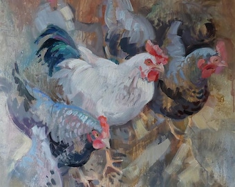 Chickens and rooster on the farm, original oil painting, animal painting.