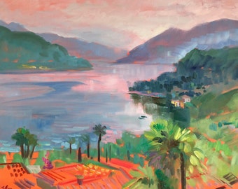 Lake landscape original painting Italian summer Lake Maggiore morning twilight impressionist painting oil painting