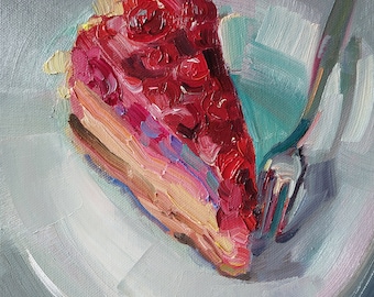 Raspberry Pie Slice Original Painting Small Still Life Oil Painting for Kitchen Cake Picture Wall Decor