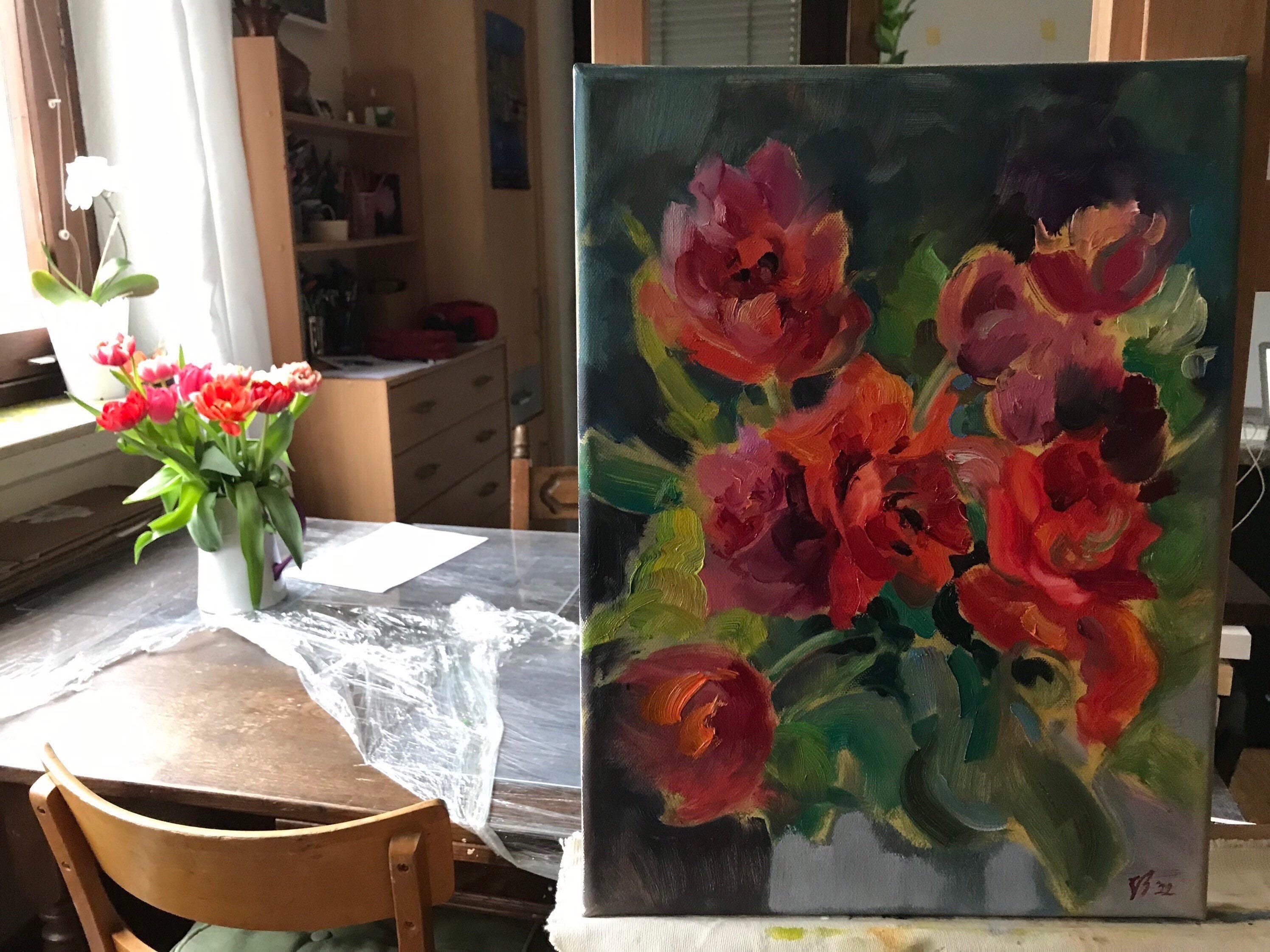 油絵 赤いチューリップ 赤いチューリップのオリジナル絵画の花束 赤い花の油絵 壁装飾