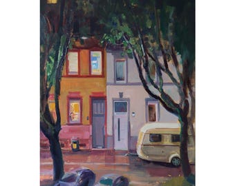 Cityscape Original Painting Window at Night, Street in Evening Light Contemporary Painting Oil Painting Artwork