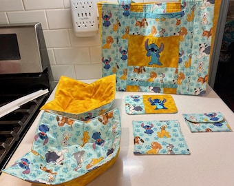6 Disney Dog Items Tote Bag, 2 Bowl Cozies, Gift Card Holder, Jar Opener, Mug Rug, 101 Dalmations, Stitch, Lady & Tramp, Cooper, Max