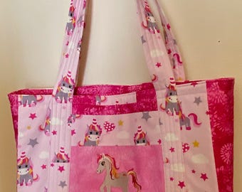 Adorable Pink Unicorn Themed Tote Bag or Gift Bag