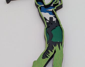 Arte mural con silueta de golfista multicapa