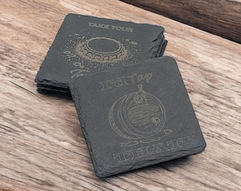 Juego de posavasos de pizarra grabados con soporte: decoración de bar, whisky, cerveza, cóctel, regalo (juego de 4)