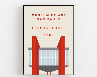 Lina Bo Bardi Museum of Art poster, Sao Paulo Museum of Art poster, Brutalist architecture print, Mies van der Rohe, Sao Paulo Museum poster