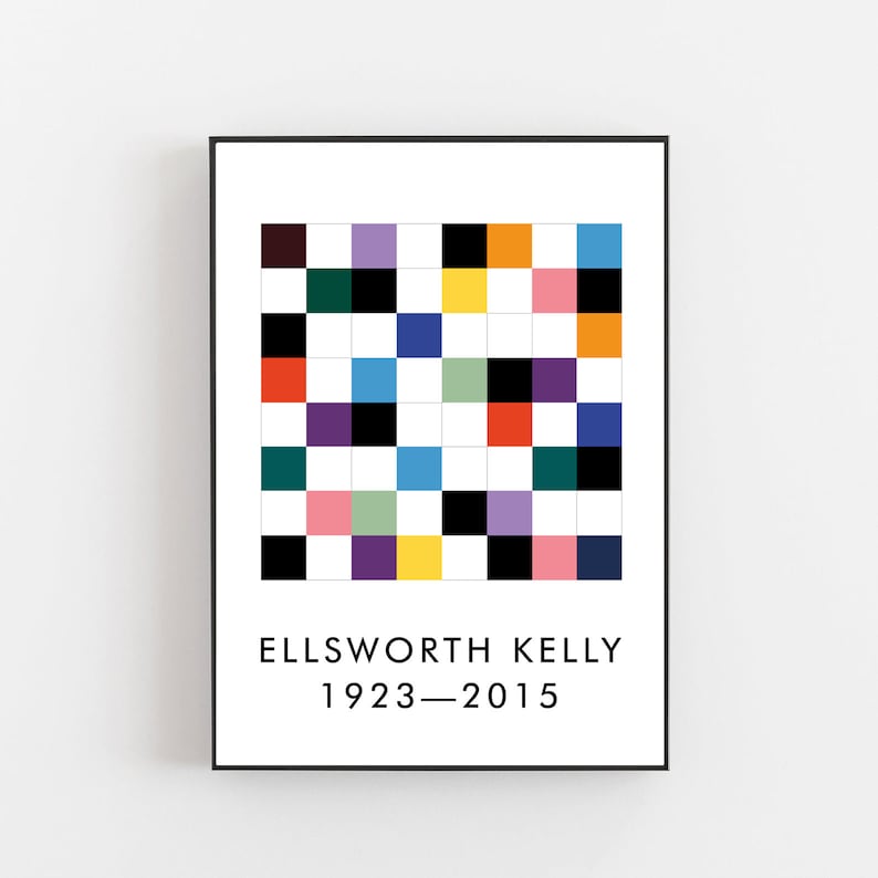May include: A black and white grid with colorful squares. The grid is framed in black and has the text "ELLSWORTH KELLY 1923-2015" below it.
