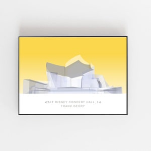 May include: A minimalist illustration of the Walt Disney Concert Hall in Los Angeles, designed by Frank Gehry. The building is depicted in white against a yellow background.