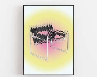 May include: Abstract art print with black and white lines on a yellow and pink gradient background. The print is framed in a black frame.