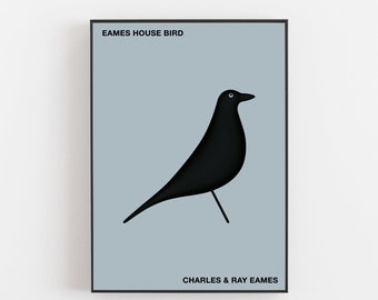 Peut inclure: Une illustration en noir et blanc d'un oiseau sur un fond bleu clair. Le texte "Eames House Bird" et "Charles & Ray Eames" est imprimé sous l'oiseau.