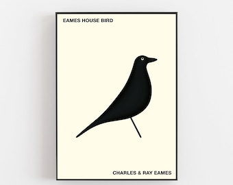 Peut inclure: Une affiche noire et blanche avec le texte "Eames House Bird" en haut et "Charles & Ray Eames" en bas. Une silhouette noire d'un oiseau est au centre de l'affiche.