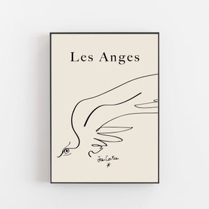 Puede incluir: Un dibujo en blanco y negro de un pájaro con el texto "Les Anges" y la firma "Jean Cocteau" sobre un fondo beige.