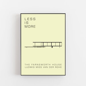 May include: A minimalist black and white illustration of the Farnsworth House designed by Ludwig Mies van der Rohe. The text "Less is More" is displayed above the house.