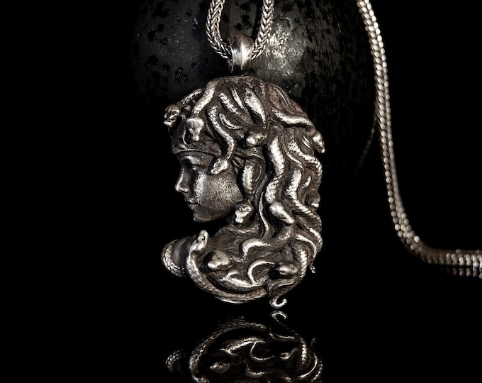 Oxidized Sterling Silver Medusa Pendant: Ancient Greek Necklace
