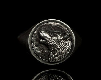 Silver Wolf Seal Ring Howling Wolf Full Moon Signet Ring Men Style Detailed Howling Wolf Silver Ring