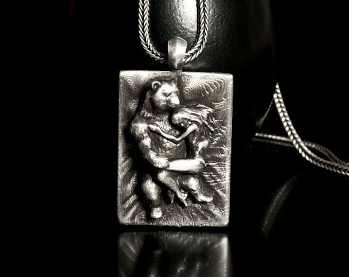 Bear and Girl Pendant, Wildlife Pendant, Silver Bear Pendant, Nature Pendant, Humans and Animals, Silver Pendant, A Friend from Nature