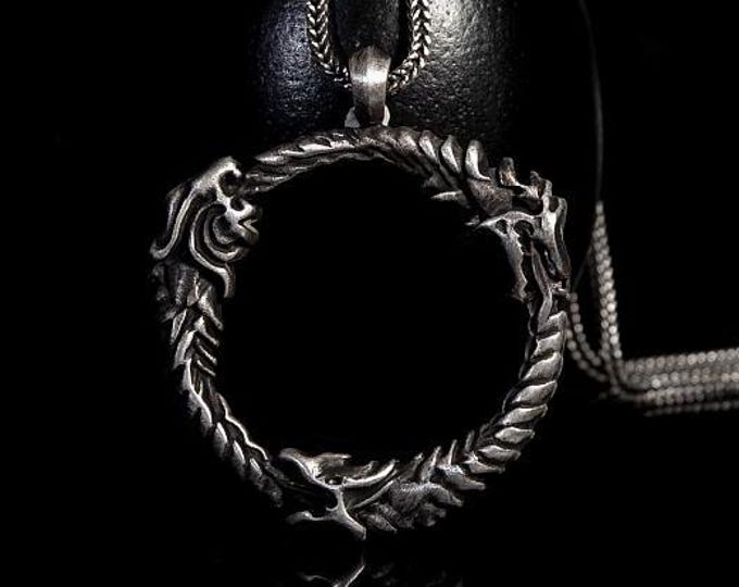 Ouroboros Silver Pendant, 3 Head Dragon Silver Pendant, Dragon Eating Its Tail, Ouroboros Ancient Egyptian Symbol, Mythical Dragon Pendant
